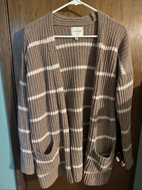 Pink Rose Taupe & White Striped Open-Front Cardigan